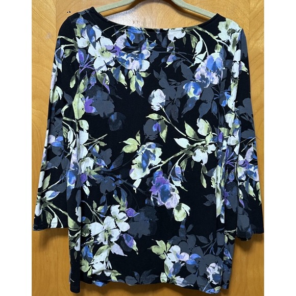 J Jill Wearever Womens Floral Boat Neck 3/4 Sleeve Top Stretchy Black Sz M - Picture 3 of 9